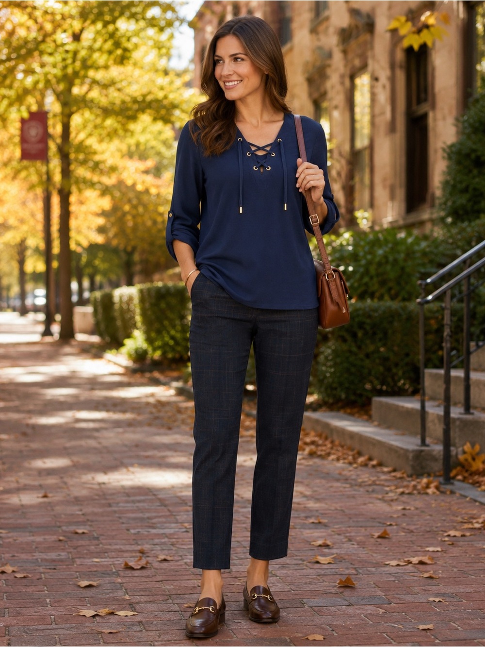 Michael Michael Kors Small Navy Lace Up Roll Tab Sleeve Top Gold Hardware